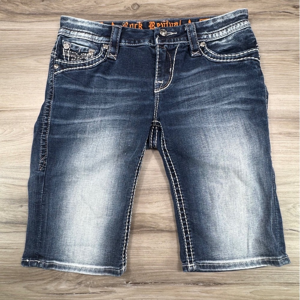 Rock Revival Barby Bermuda Shorts Dark Wash Thick Stitch Denim Size 27 E8548M4